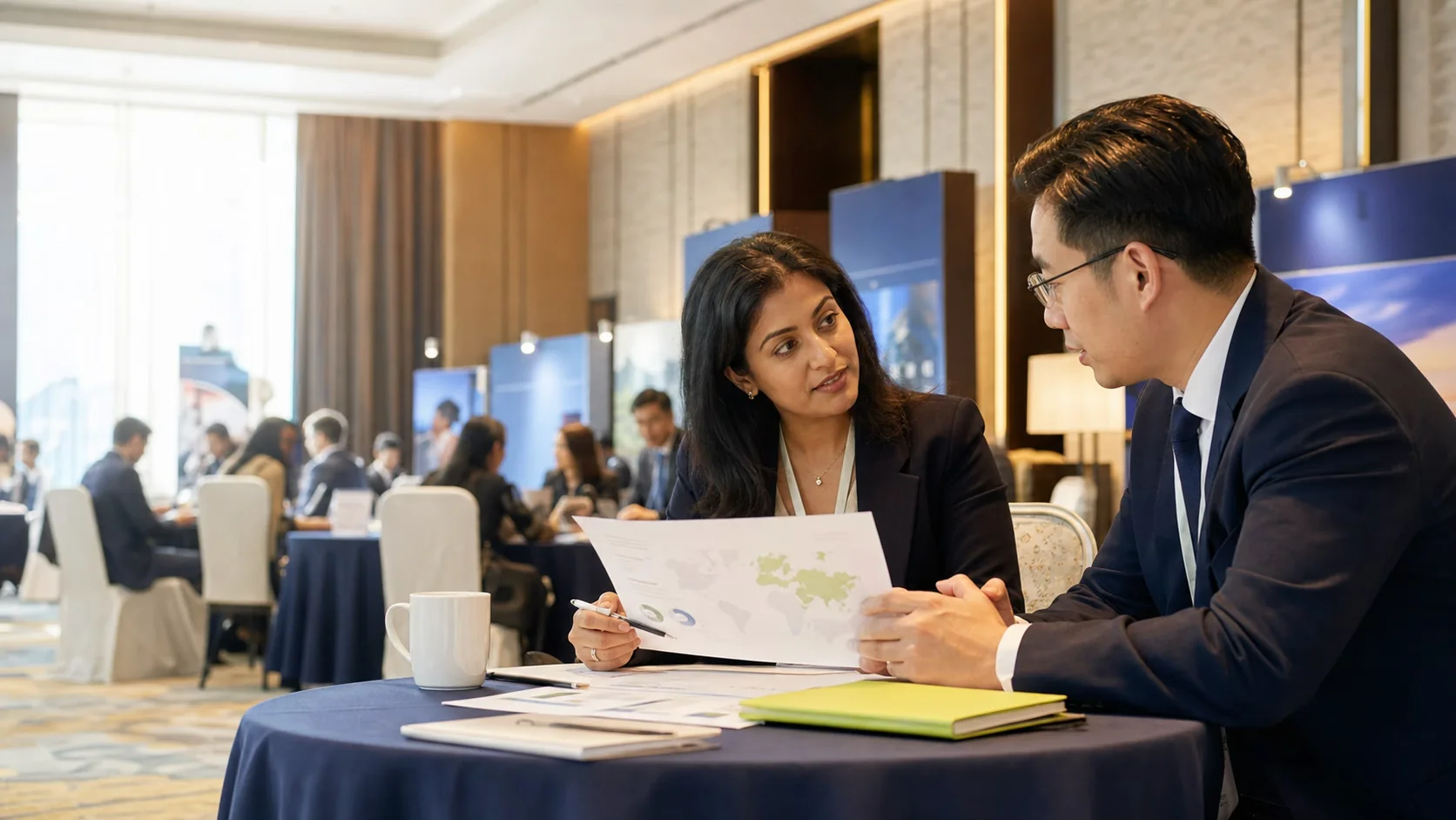 University representative and regional partnership director reviewing a market plan